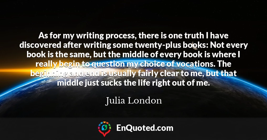 As for my writing process, there is one truth I have discovered after writing some twenty-plus books: Not every book is the same, but the middle of every book is where I really begin to question my choice of vocations. The beginning and end is usually fairly clear to me, but that middle just sucks the life right out of me.