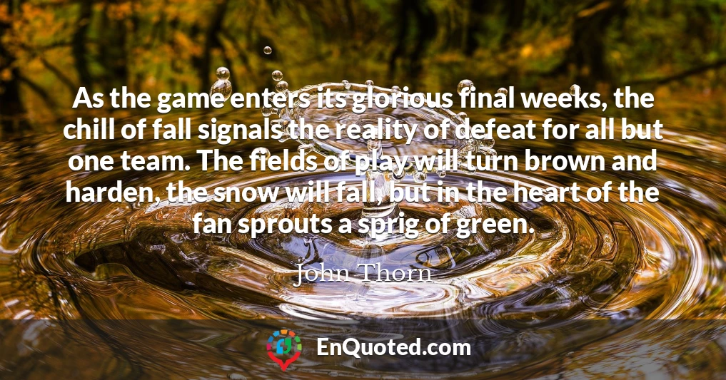 As the game enters its glorious final weeks, the chill of fall signals the reality of defeat for all but one team. The fields of play will turn brown and harden, the snow will fall, but in the heart of the fan sprouts a sprig of green.