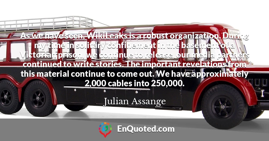 As we have seen, WikiLeaks is a robust organization. During my time in solitary confinement in the basement of a Victorian prison, we continue to release, our media partners continued to write stories. The important revelations from this material continue to come out. We have approximately 2,000 cables into 250,000.