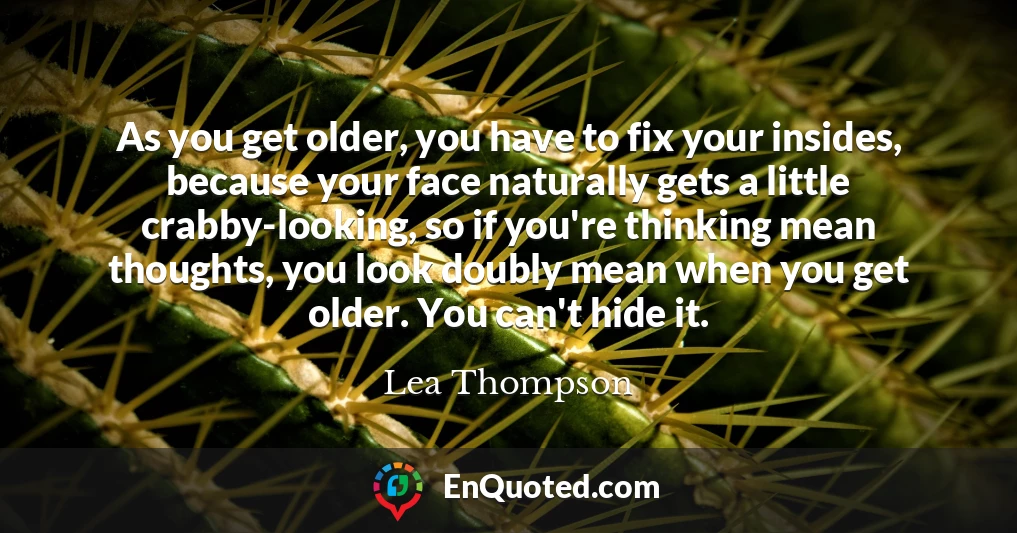 As you get older, you have to fix your insides, because your face naturally gets a little crabby-looking, so if you're thinking mean thoughts, you look doubly mean when you get older. You can't hide it.