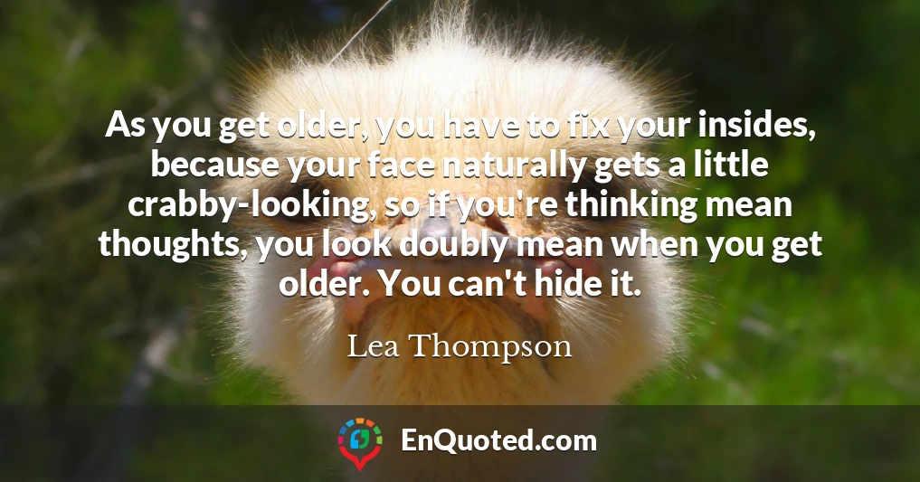 As you get older, you have to fix your insides, because your face naturally gets a little crabby-looking, so if you're thinking mean thoughts, you look doubly mean when you get older. You can't hide it.