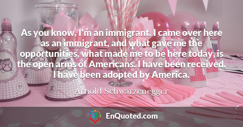 As you know, I'm an immigrant. I came over here as an immigrant, and what gave me the opportunities, what made me to be here today, is the open arms of Americans. I have been received. I have been adopted by America.