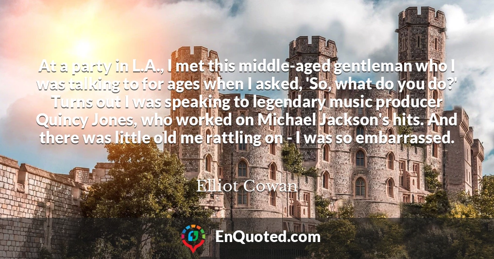 At a party in L.A., I met this middle-aged gentleman who I was talking to for ages when I asked, 'So, what do you do?' Turns out I was speaking to legendary music producer Quincy Jones, who worked on Michael Jackson's hits. And there was little old me rattling on - I was so embarrassed.