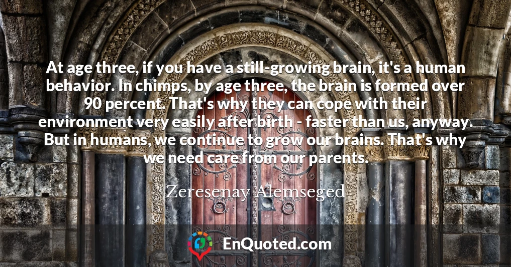 At age three, if you have a still-growing brain, it's a human behavior. In chimps, by age three, the brain is formed over 90 percent. That's why they can cope with their environment very easily after birth - faster than us, anyway. But in humans, we continue to grow our brains. That's why we need care from our parents.