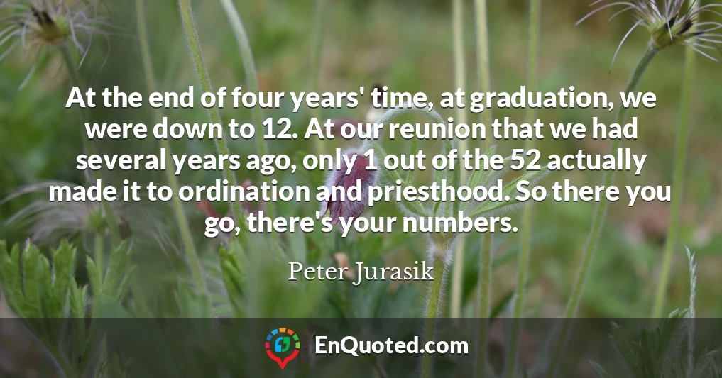 At the end of four years' time, at graduation, we were down to 12. At our reunion that we had several years ago, only 1 out of the 52 actually made it to ordination and priesthood. So there you go, there's your numbers.