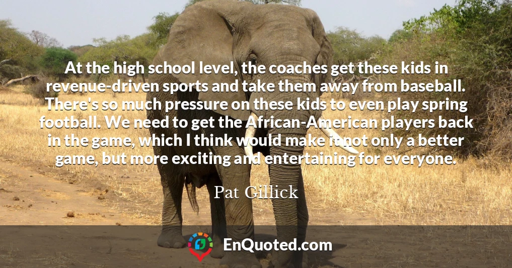 At the high school level, the coaches get these kids in revenue-driven sports and take them away from baseball. There's so much pressure on these kids to even play spring football. We need to get the African-American players back in the game, which I think would make it not only a better game, but more exciting and entertaining for everyone.