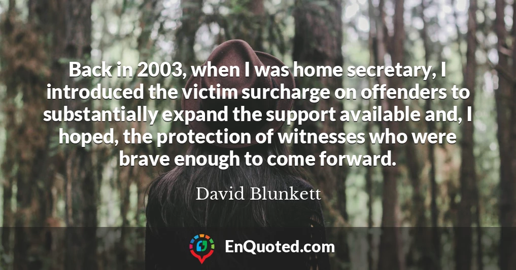 Back in 2003, when I was home secretary, I introduced the victim surcharge on offenders to substantially expand the support available and, I hoped, the protection of witnesses who were brave enough to come forward.