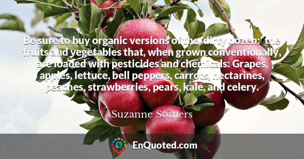 Be sure to buy organic versions of the 'dirty dozen:' the fruits and vegetables that, when grown conventionally, are loaded with pesticides and chemicals: Grapes, apples, lettuce, bell peppers, carrots, nectarines, peaches, strawberries, pears, kale, and celery.