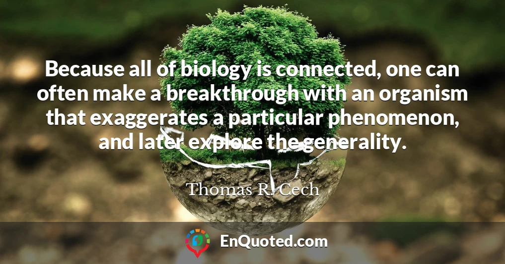 Because all of biology is connected, one can often make a breakthrough with an organism that exaggerates a particular phenomenon, and later explore the generality.