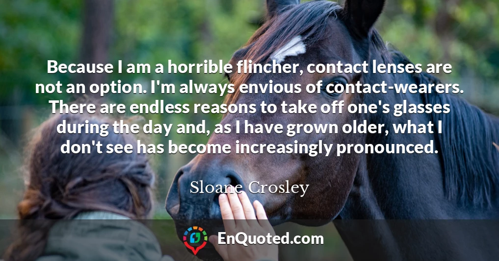 Because I am a horrible flincher, contact lenses are not an option. I'm always envious of contact-wearers. There are endless reasons to take off one's glasses during the day and, as I have grown older, what I don't see has become increasingly pronounced.