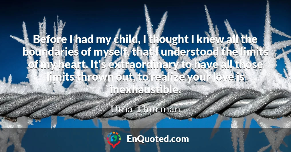 Before I had my child, I thought I knew all the boundaries of myself, that I understood the limits of my heart. It's extraordinary to have all those limits thrown out, to realize your love is inexhaustible.
