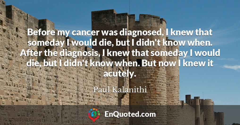 Before my cancer was diagnosed, I knew that someday I would die, but I didn't know when. After the diagnosis, I knew that someday I would die, but I didn't know when. But now I knew it acutely.
