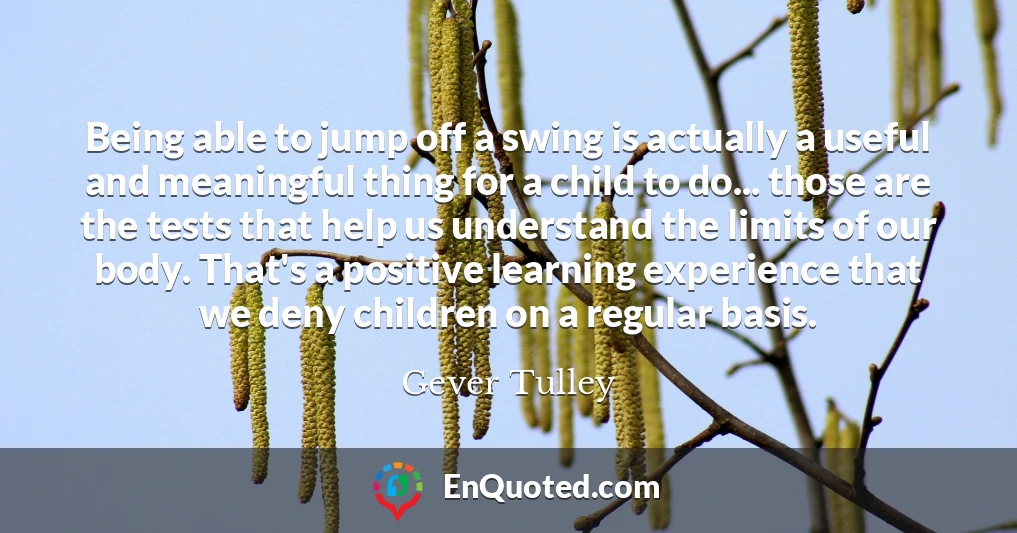 Being able to jump off a swing is actually a useful and meaningful thing for a child to do... those are the tests that help us understand the limits of our body. That's a positive learning experience that we deny children on a regular basis.