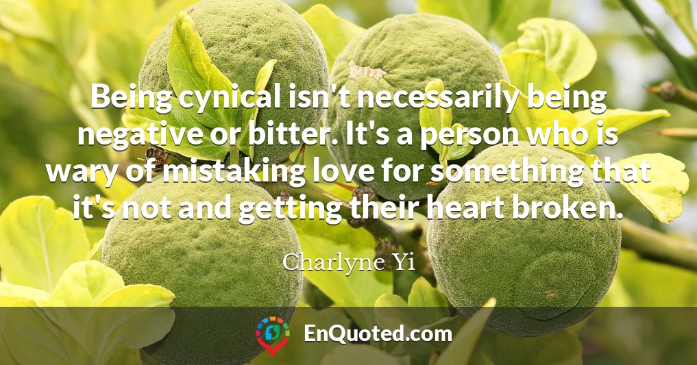 Being cynical isn't necessarily being negative or bitter. It's a person who is wary of mistaking love for something that it's not and getting their heart broken.