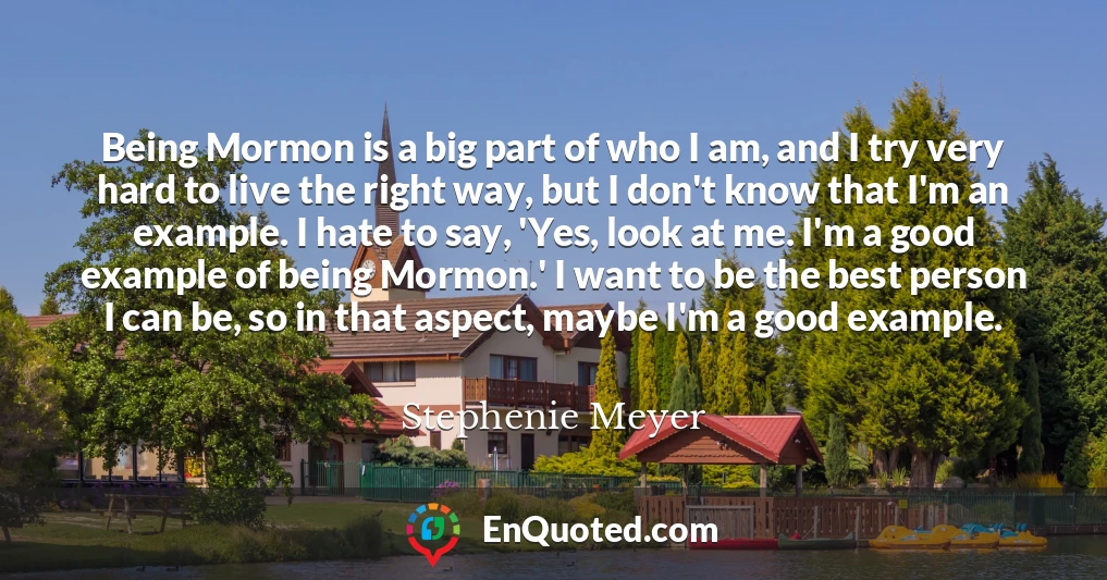 Being Mormon is a big part of who I am, and I try very hard to live the right way, but I don't know that I'm an example. I hate to say, 'Yes, look at me. I'm a good example of being Mormon.' I want to be the best person I can be, so in that aspect, maybe I'm a good example.