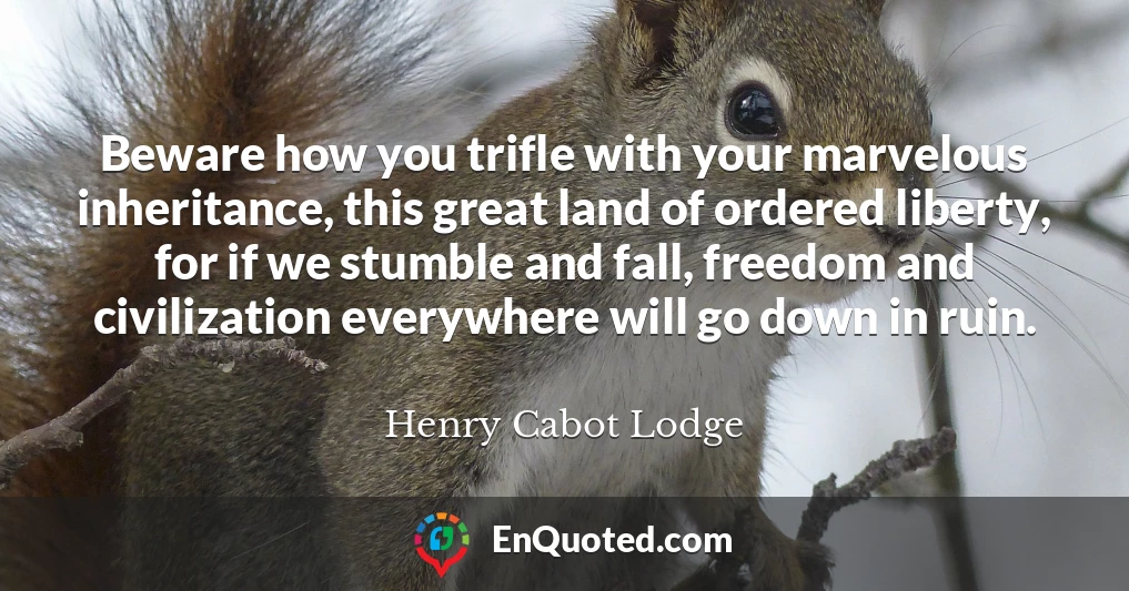 Beware how you trifle with your marvelous inheritance, this great land of ordered liberty, for if we stumble and fall, freedom and civilization everywhere will go down in ruin.