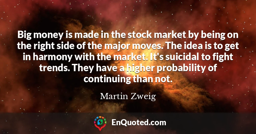 Big money is made in the stock market by being on the right side of the major moves. The idea is to get in harmony with the market. It's suicidal to fight trends. They have a higher probability of continuing than not.