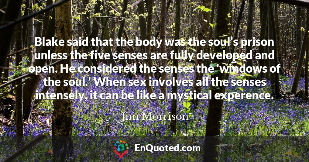 Blake said that the body was the soul's prison unless the five senses are fully developed and open. He considered the senses the 'windows of the soul.' When sex involves all the senses intensely, it can be like a mystical experence.