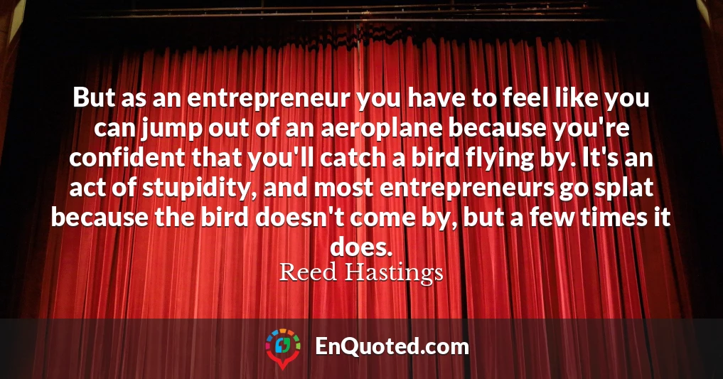 But as an entrepreneur you have to feel like you can jump out of an aeroplane because you're confident that you'll catch a bird flying by. It's an act of stupidity, and most entrepreneurs go splat because the bird doesn't come by, but a few times it does.