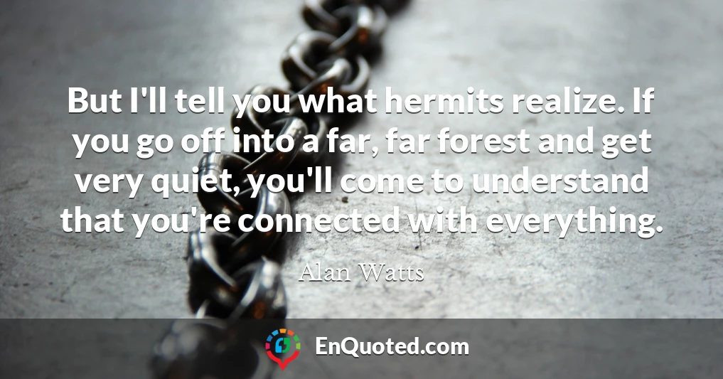 But I'll tell you what hermits realize. If you go off into a far, far forest and get very quiet, you'll come to understand that you're connected with everything.