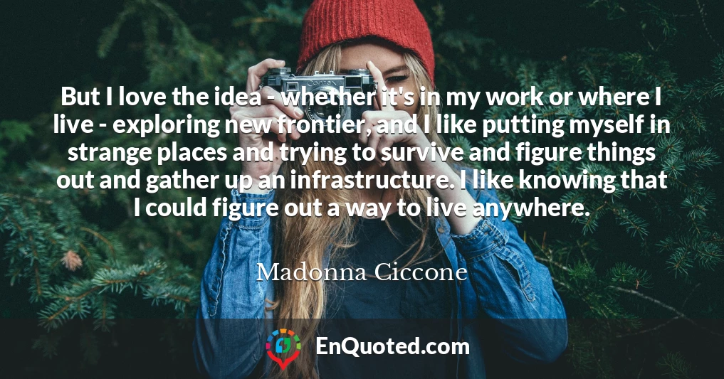 But I love the idea - whether it's in my work or where I live - exploring new frontier, and I like putting myself in strange places and trying to survive and figure things out and gather up an infrastructure. I like knowing that I could figure out a way to live anywhere.
