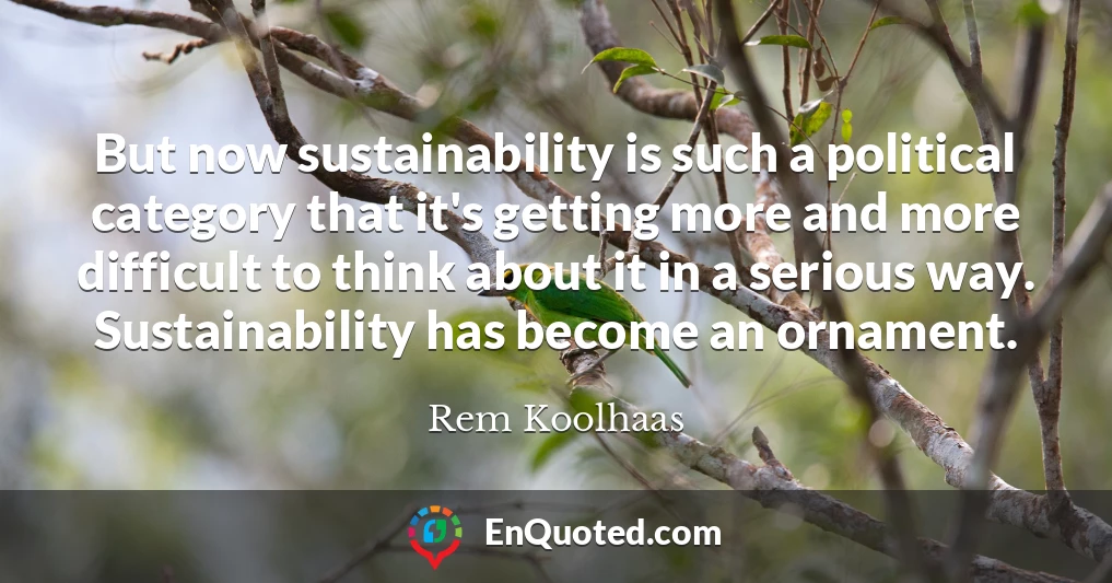 But now sustainability is such a political category that it's getting more and more difficult to think about it in a serious way. Sustainability has become an ornament.