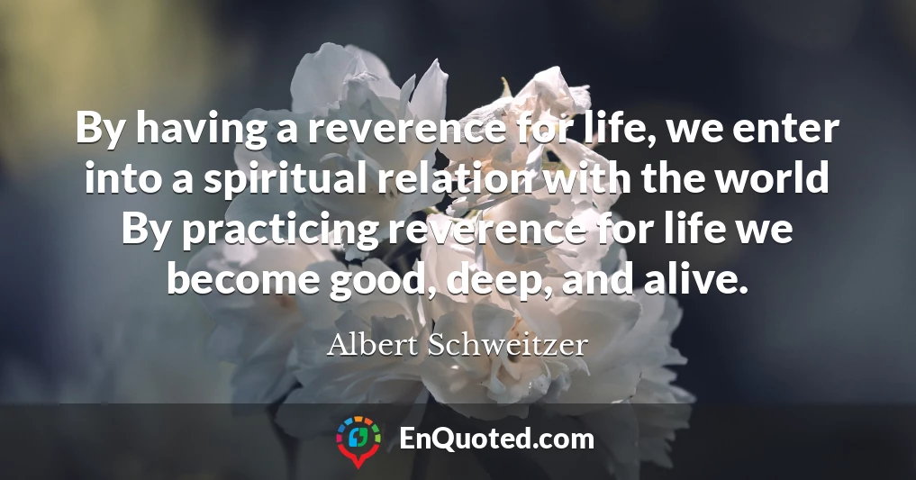 By having a reverence for life, we enter into a spiritual relation with the world By practicing reverence for life we become good, deep, and alive.