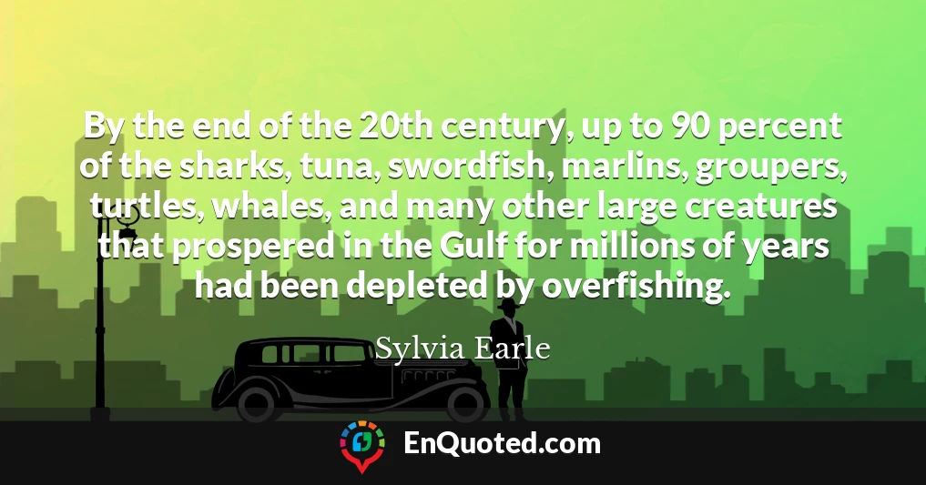 By the end of the 20th century, up to 90 percent of the sharks, tuna, swordfish, marlins, groupers, turtles, whales, and many other large creatures that prospered in the Gulf for millions of years had been depleted by overfishing.