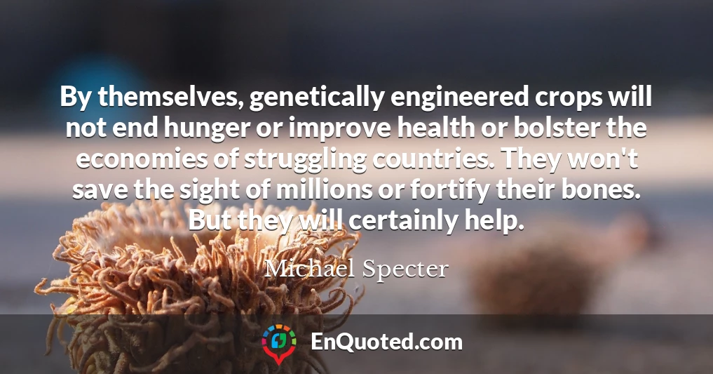 By themselves, genetically engineered crops will not end hunger or improve health or bolster the economies of struggling countries. They won't save the sight of millions or fortify their bones. But they will certainly help.