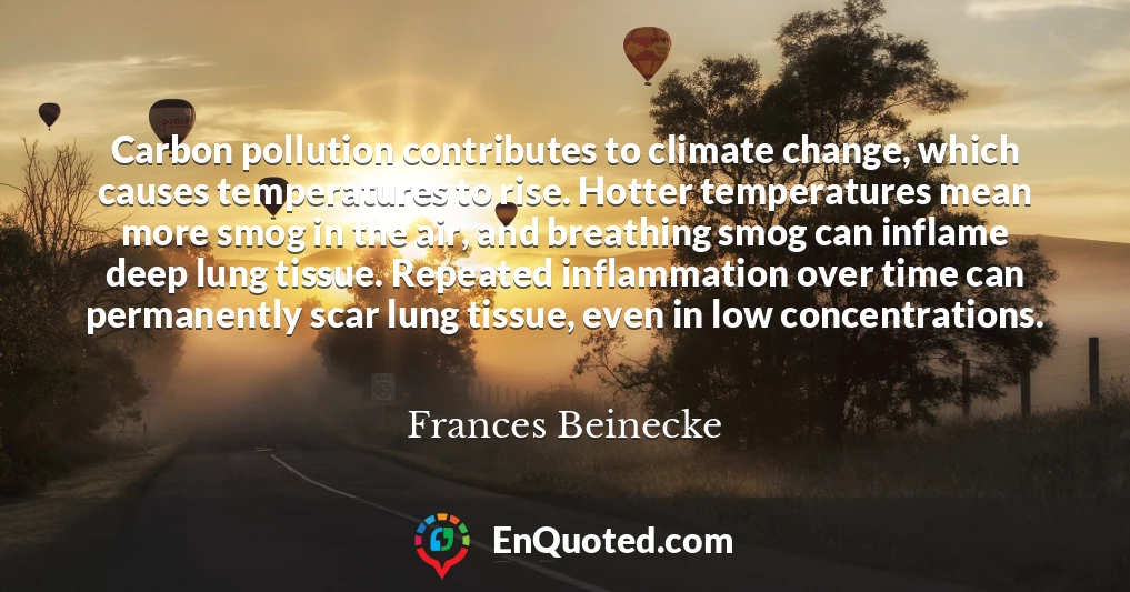 Carbon pollution contributes to climate change, which causes temperatures to rise. Hotter temperatures mean more smog in the air, and breathing smog can inflame deep lung tissue. Repeated inflammation over time can permanently scar lung tissue, even in low concentrations.