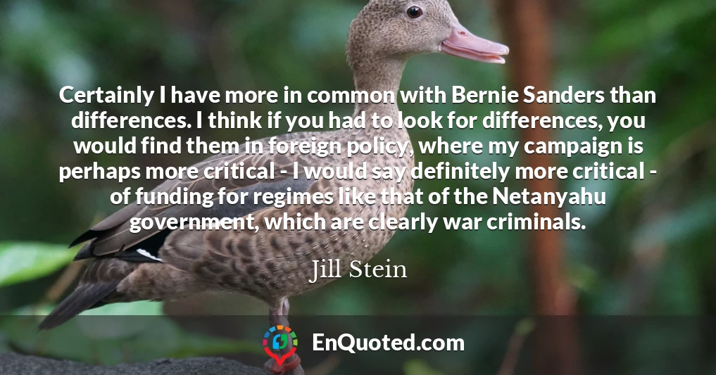 Certainly I have more in common with Bernie Sanders than differences. I think if you had to look for differences, you would find them in foreign policy, where my campaign is perhaps more critical - I would say definitely more critical - of funding for regimes like that of the Netanyahu government, which are clearly war criminals.