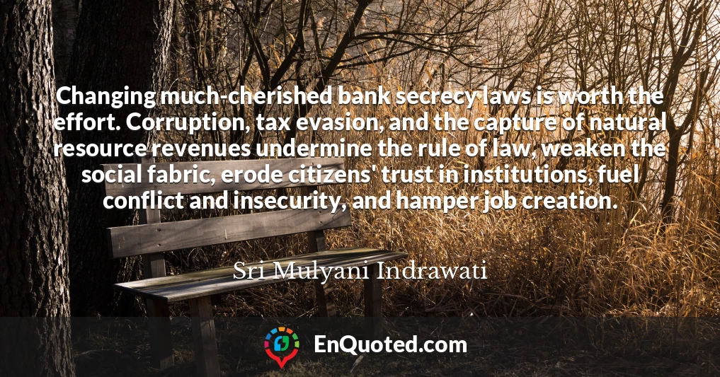 Changing much-cherished bank secrecy laws is worth the effort. Corruption, tax evasion, and the capture of natural resource revenues undermine the rule of law, weaken the social fabric, erode citizens' trust in institutions, fuel conflict and insecurity, and hamper job creation.