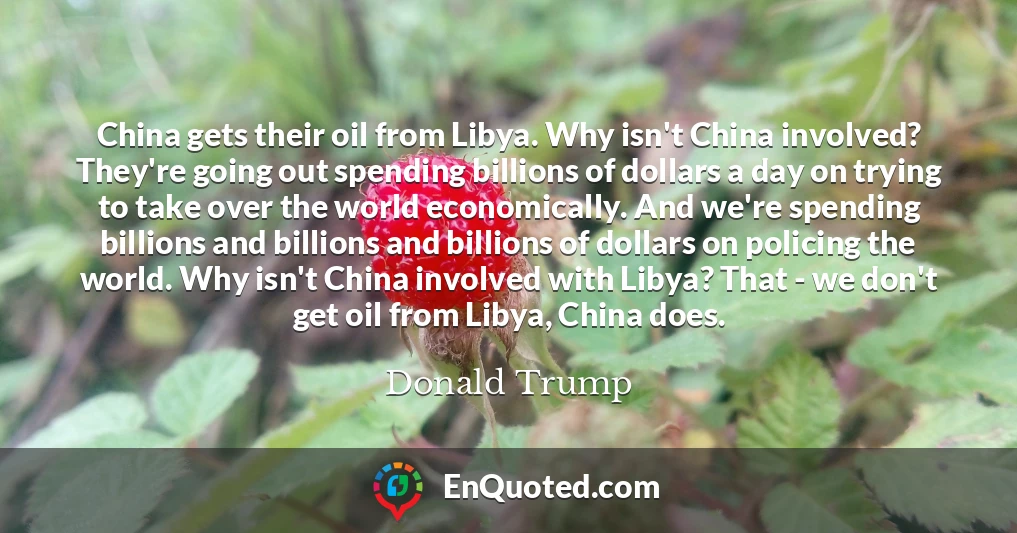 China gets their oil from Libya. Why isn't China involved? They're going out spending billions of dollars a day on trying to take over the world economically. And we're spending billions and billions and billions of dollars on policing the world. Why isn't China involved with Libya? That - we don't get oil from Libya, China does.