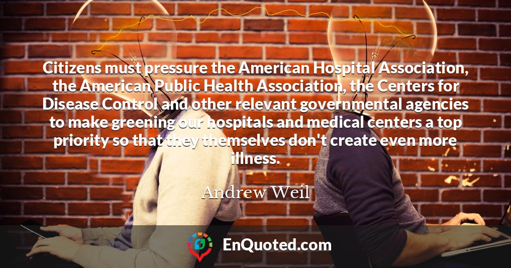 Citizens must pressure the American Hospital Association, the American Public Health Association, the Centers for Disease Control and other relevant governmental agencies to make greening our hospitals and medical centers a top priority so that they themselves don't create even more illness.