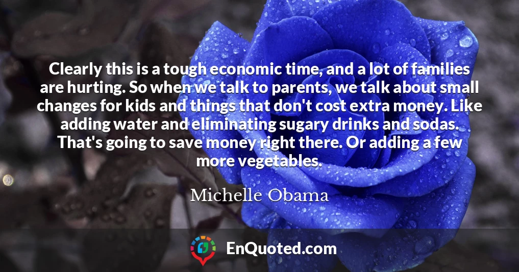 Clearly this is a tough economic time, and a lot of families are hurting. So when we talk to parents, we talk about small changes for kids and things that don't cost extra money. Like adding water and eliminating sugary drinks and sodas. That's going to save money right there. Or adding a few more vegetables.