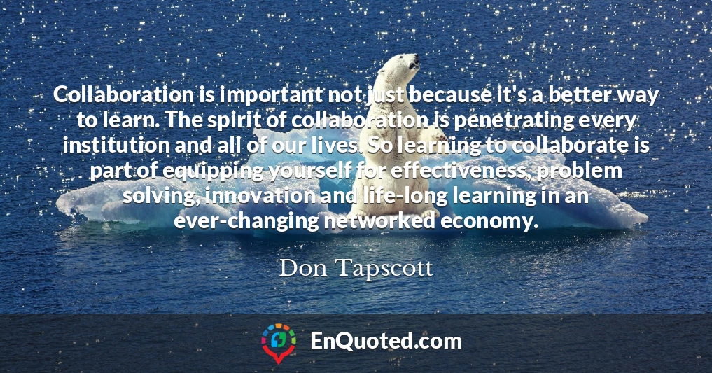 Collaboration is important not just because it's a better way to learn. The spirit of collaboration is penetrating every institution and all of our lives. So learning to collaborate is part of equipping yourself for effectiveness, problem solving, innovation and life-long learning in an ever-changing networked economy.
