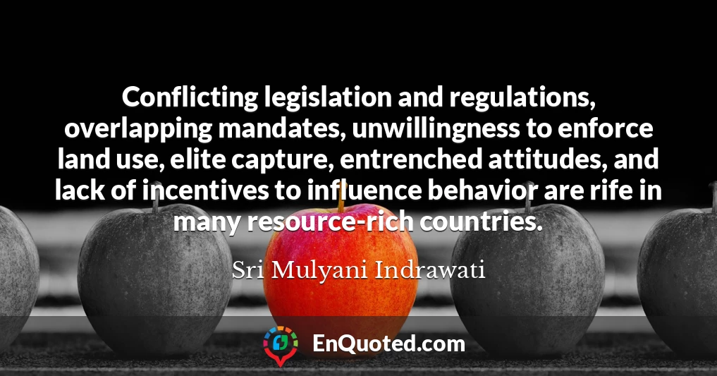 Conflicting legislation and regulations, overlapping mandates, unwillingness to enforce land use, elite capture, entrenched attitudes, and lack of incentives to influence behavior are rife in many resource-rich countries.