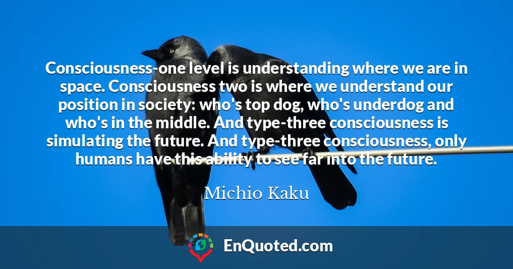 Consciousness-one level is understanding where we are in space. Consciousness two is where we understand our position in society: who's top dog, who's underdog and who's in the middle. And type-three consciousness is simulating the future. And type-three consciousness, only humans have this ability to see far into the future.