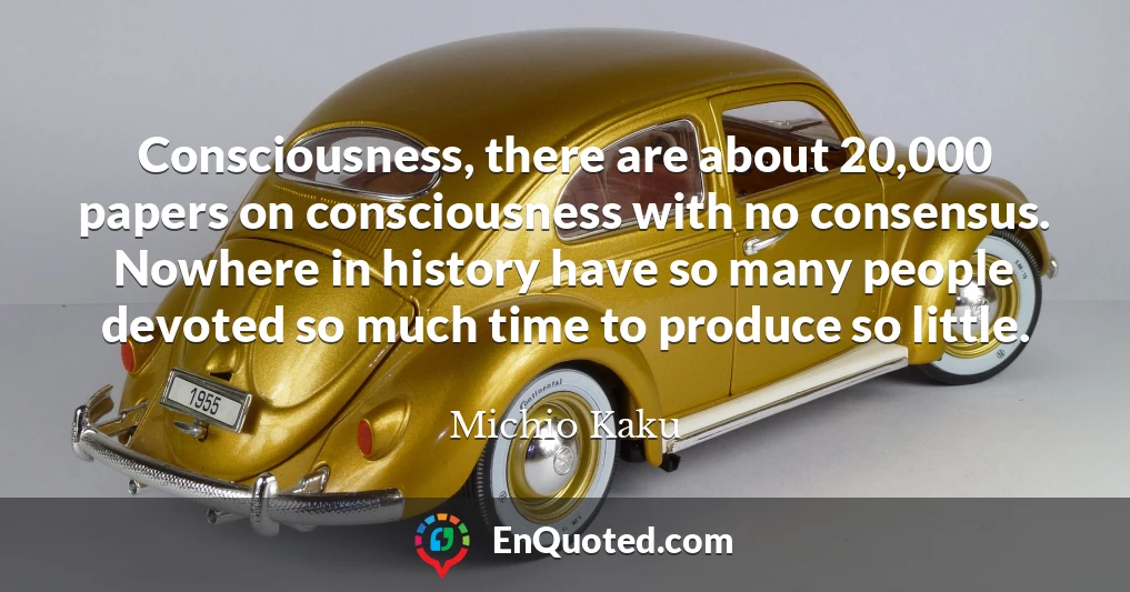 Consciousness, there are about 20,000 papers on consciousness with no consensus. Nowhere in history have so many people devoted so much time to produce so little.