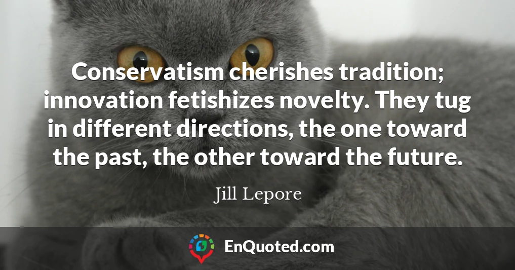 Conservatism cherishes tradition; innovation fetishizes novelty. They tug in different directions, the one toward the past, the other toward the future.