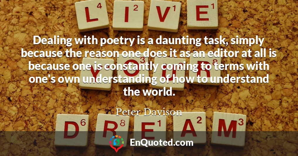 Dealing with poetry is a daunting task, simply because the reason one does it as an editor at all is because one is constantly coming to terms with one's own understanding of how to understand the world.