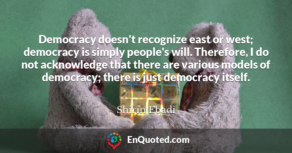Democracy doesn't recognize east or west; democracy is simply people's will. Therefore, I do not acknowledge that there are various models of democracy; there is just democracy itself.