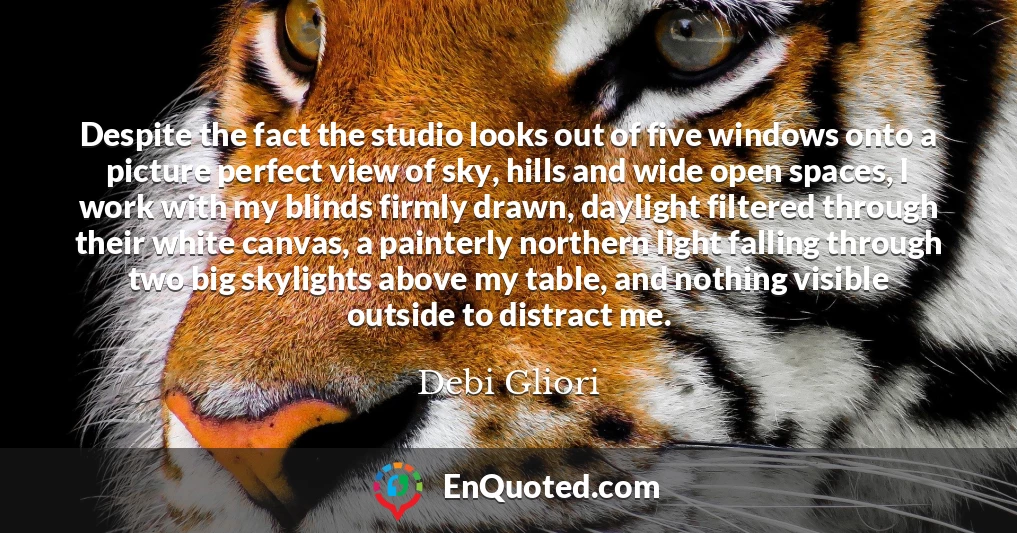 Despite the fact the studio looks out of five windows onto a picture perfect view of sky, hills and wide open spaces, I work with my blinds firmly drawn, daylight filtered through their white canvas, a painterly northern light falling through two big skylights above my table, and nothing visible outside to distract me.