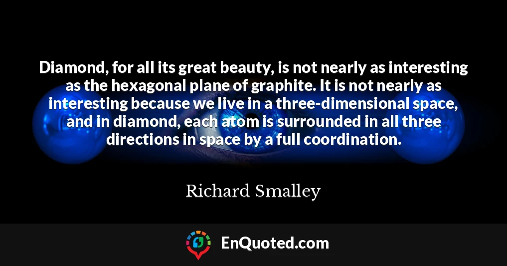 Diamond, for all its great beauty, is not nearly as interesting as the hexagonal plane of graphite. It is not nearly as interesting because we live in a three-dimensional space, and in diamond, each atom is surrounded in all three directions in space by a full coordination.