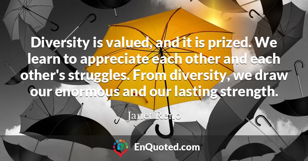Diversity is valued, and it is prized. We learn to appreciate each other and each other's struggles. From diversity, we draw our enormous and our lasting strength.