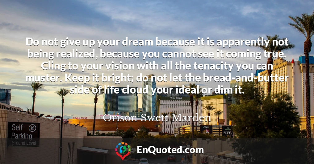 Do not give up your dream because it is apparently not being realized, because you cannot see it coming true. Cling to your vision with all the tenacity you can muster. Keep it bright; do not let the bread-and-butter side of life cloud your ideal or dim it.