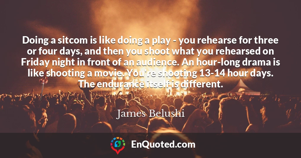 Doing a sitcom is like doing a play - you rehearse for three or four days, and then you shoot what you rehearsed on Friday night in front of an audience. An hour-long drama is like shooting a movie. You're shooting 13-14 hour days. The endurance itself is different.