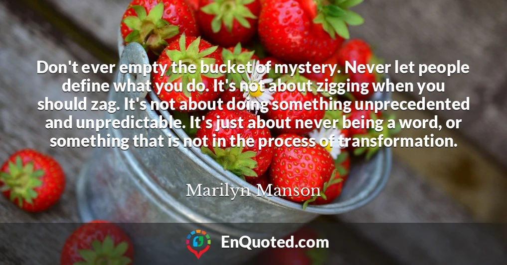 Don't ever empty the bucket of mystery. Never let people define what you do. It's not about zigging when you should zag. It's not about doing something unprecedented and unpredictable. It's just about never being a word, or something that is not in the process of transformation.