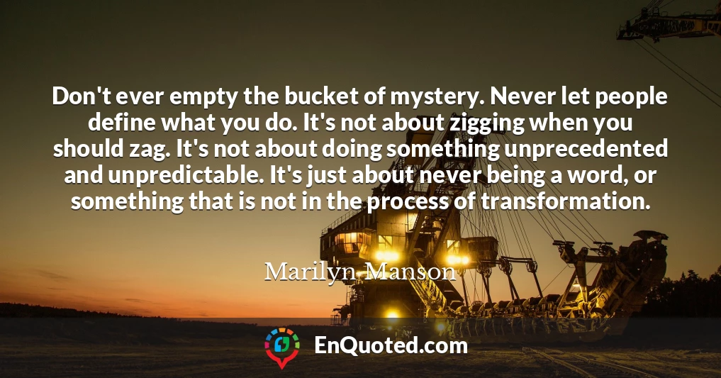 Don't ever empty the bucket of mystery. Never let people define what you do. It's not about zigging when you should zag. It's not about doing something unprecedented and unpredictable. It's just about never being a word, or something that is not in the process of transformation.