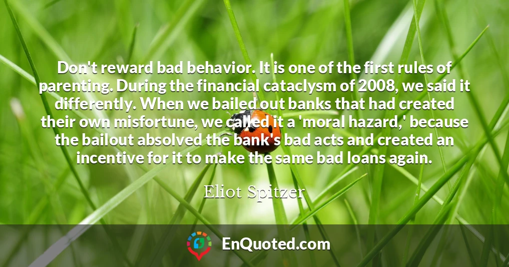 Don't reward bad behavior. It is one of the first rules of parenting. During the financial cataclysm of 2008, we said it differently. When we bailed out banks that had created their own misfortune, we called it a 'moral hazard,' because the bailout absolved the bank's bad acts and created an incentive for it to make the same bad loans again.